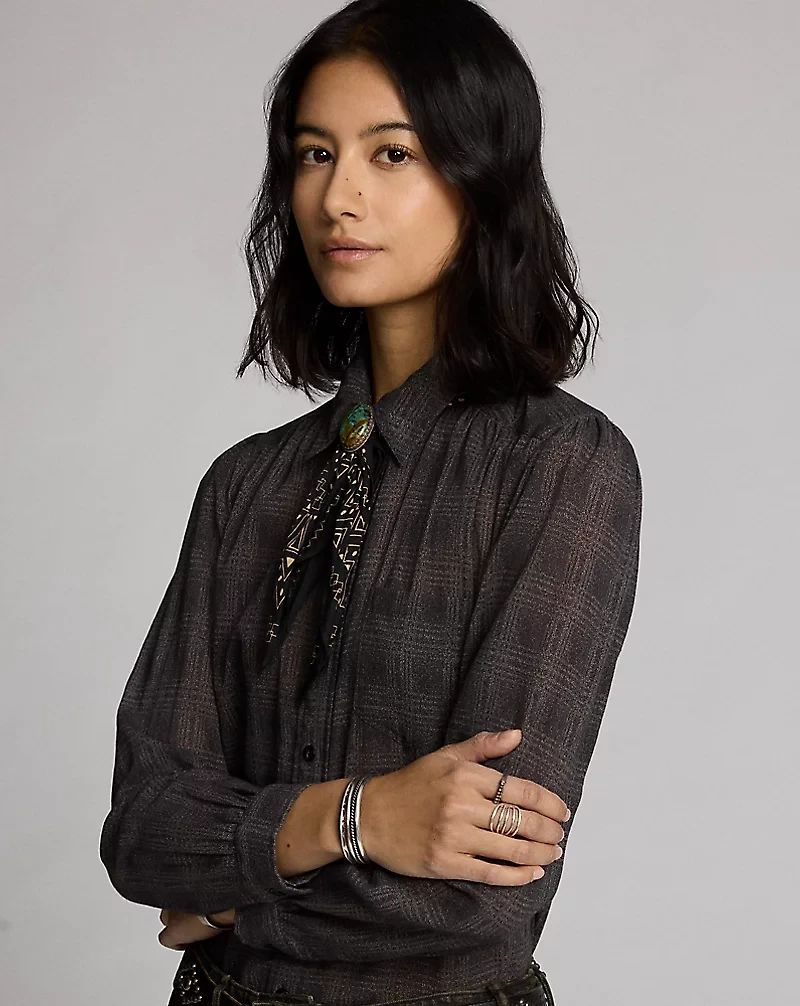 Ombré Plaid Crinkled Cotton Blouse
