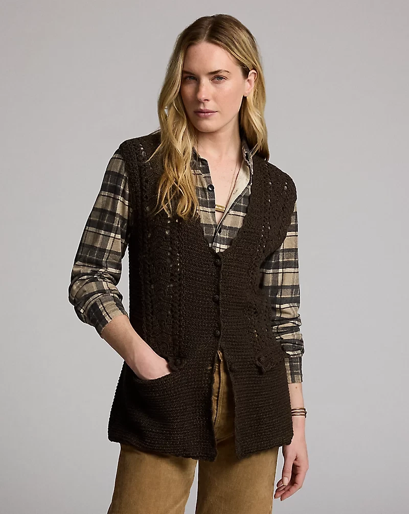 Crochet-Paneled Knit Cotton Vest