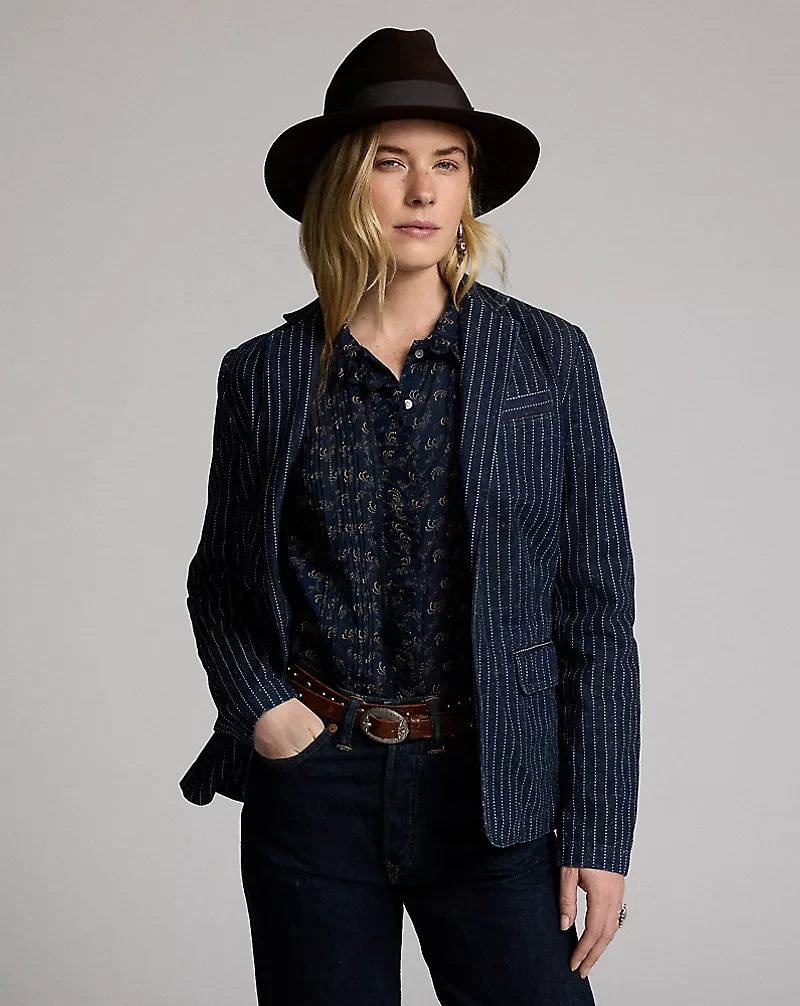 Indigo Dot-Stripe Denim Blazer
