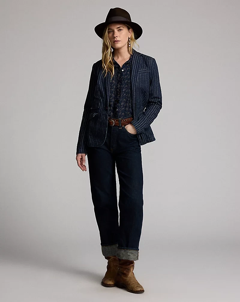 Indigo Dot-Stripe Denim Blazer