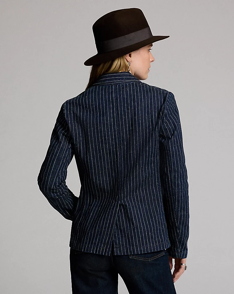 Indigo Dot-Stripe Denim Blazer