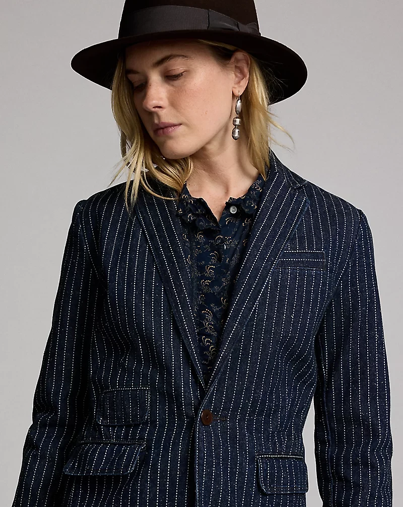 Indigo Dot-Stripe Denim Blazer