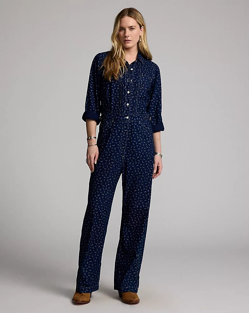 Indigo Print Cotton-Linen Coverall