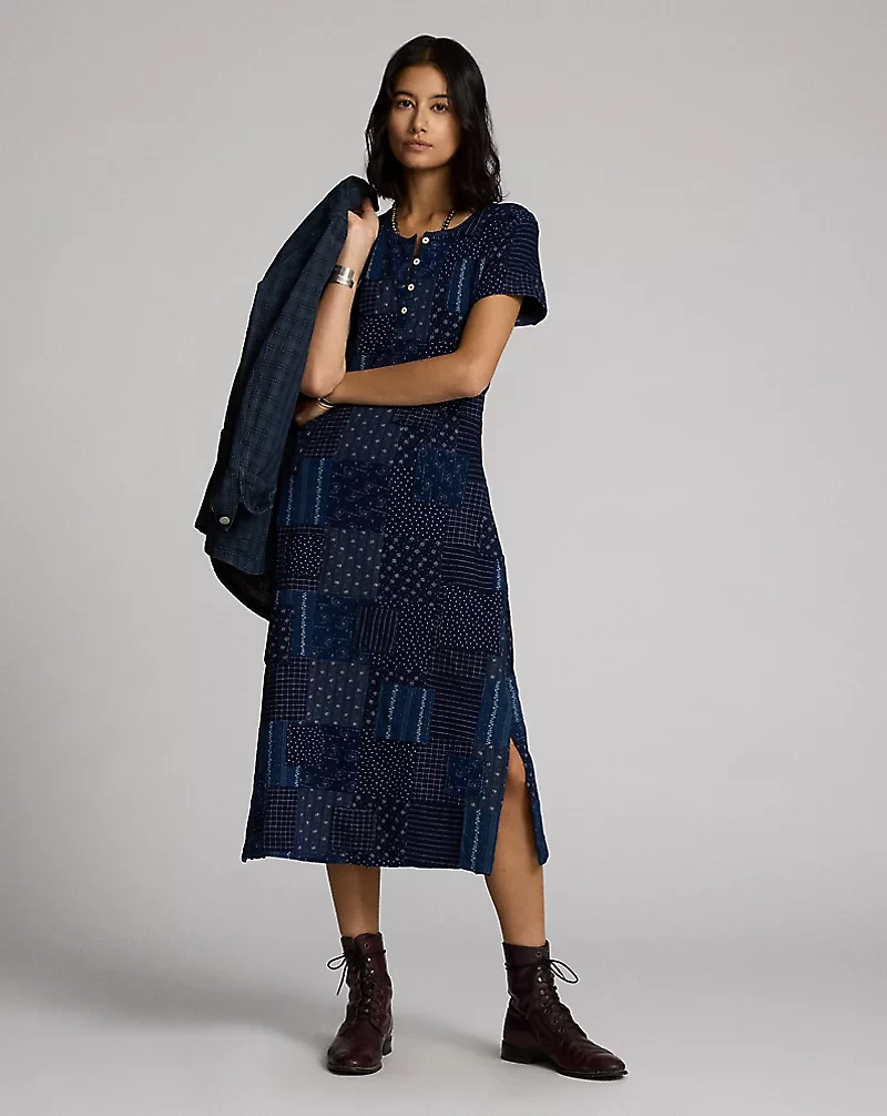 Indigo Patchwork Henley Dress