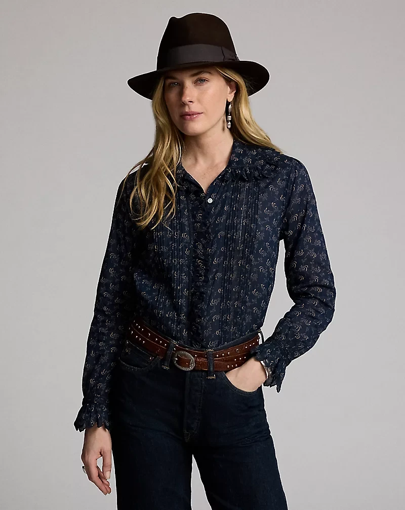 Floral-Print Pintucked Cotton Blouse