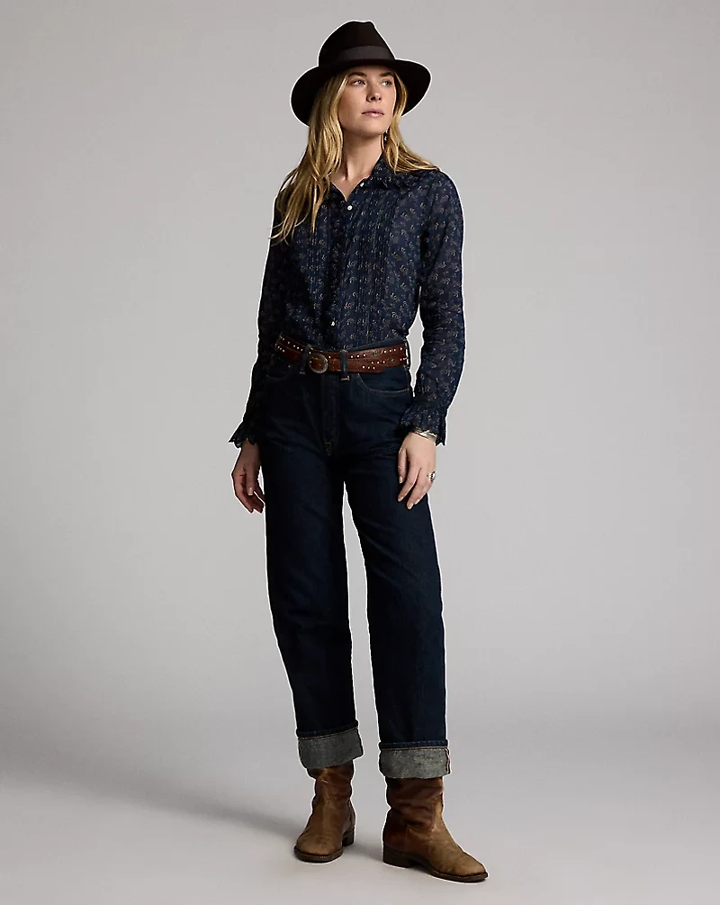 Floral-Print Pintucked Cotton Blouse