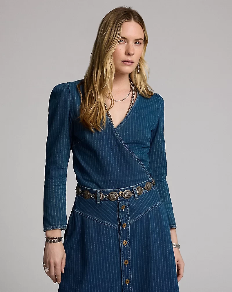 Indigo Striped Denim Wrap Top
