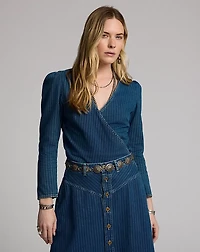 Indigo Striped Denim Wrap Top
