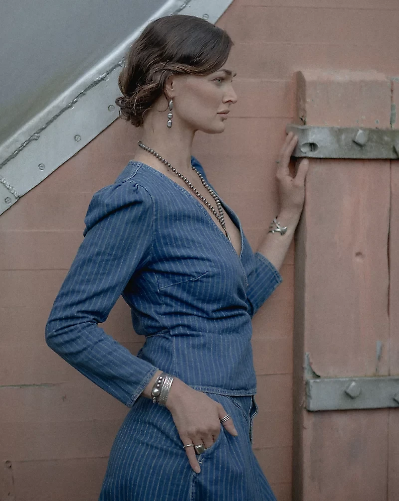 Indigo Striped Denim Wrap Top