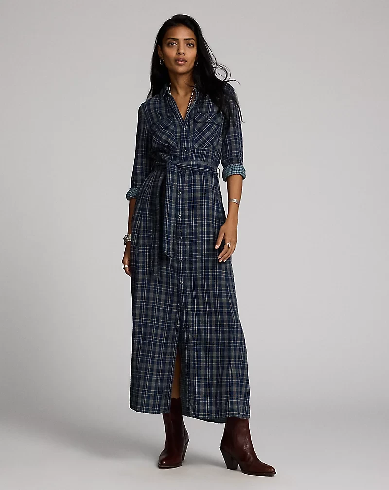 Indigo Plaid Double-Faced Shirtdress
