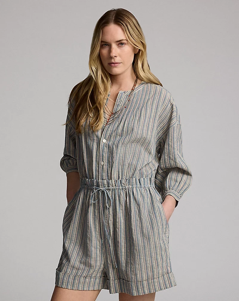 Striped Cotton-Linen Short Coverall