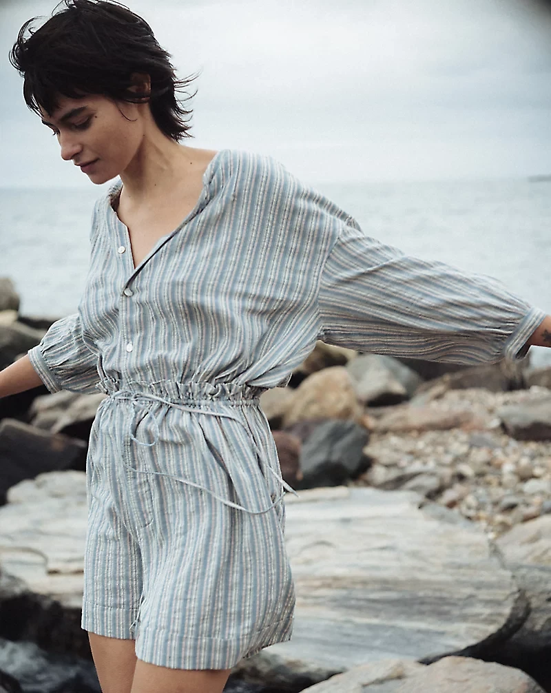 Striped Cotton-Linen Short Coverall
