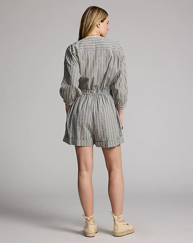 Striped Cotton-Linen Short Coverall