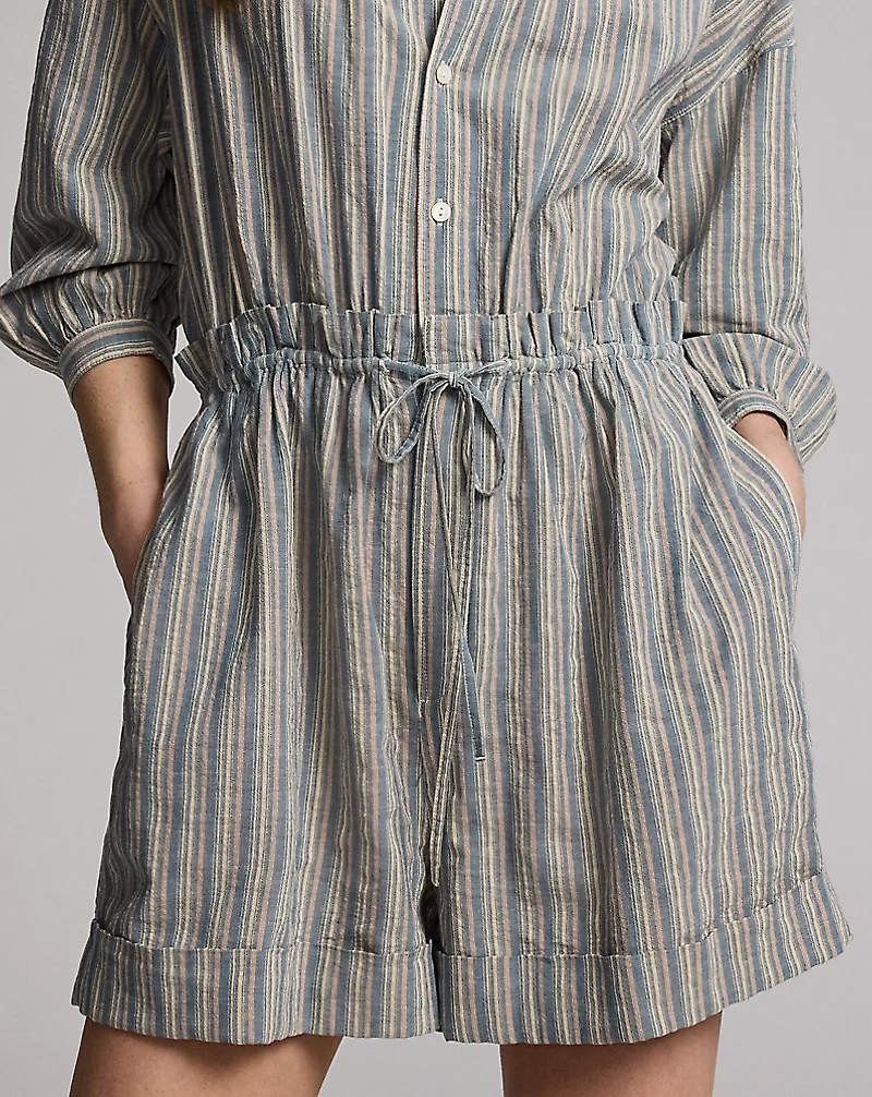 Striped Cotton-Linen Short Coverall