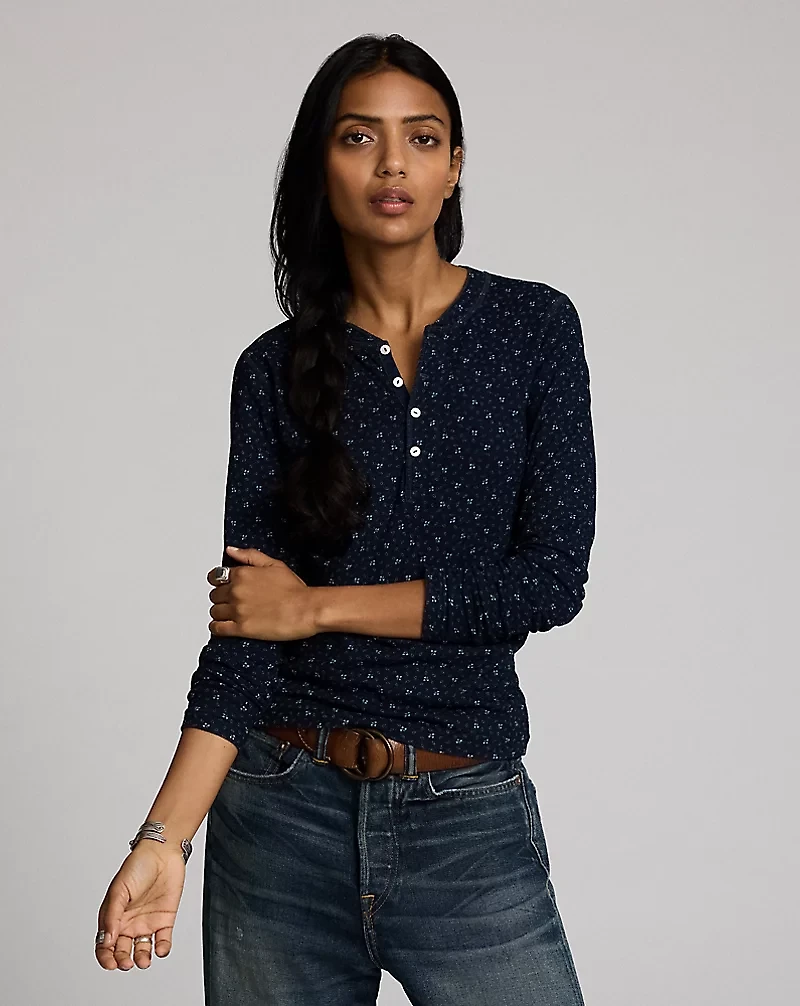 Indigo Floral Cotton-Linen Henley