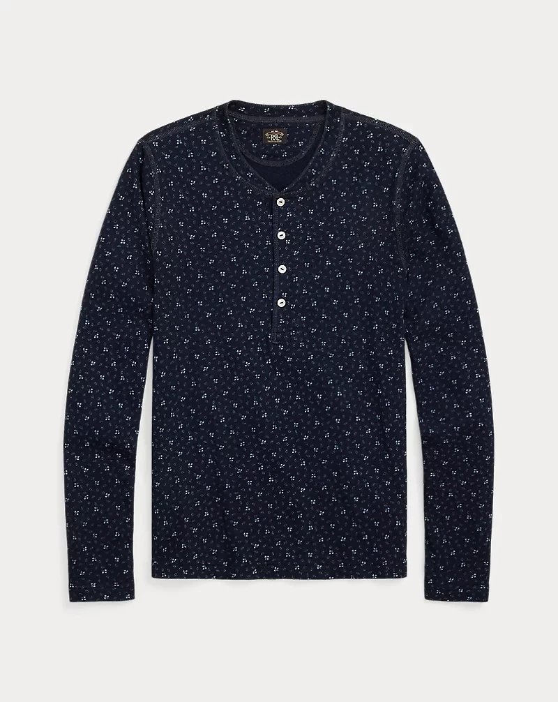 Indigo Floral Cotton-Linen Henley