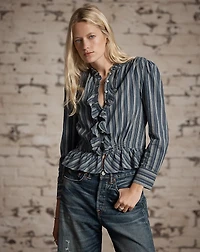 Ruffle-Trim Striped Cotton Blouse