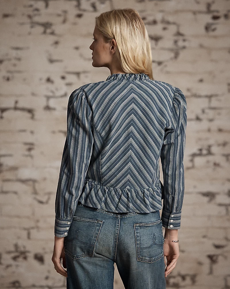 Ruffle-Trim Striped Cotton Blouse