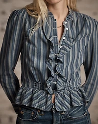 Ruffle-Trim Striped Cotton Blouse