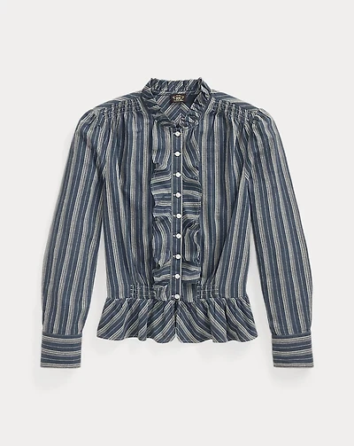 Ruffle-Trim Striped Cotton Blouse