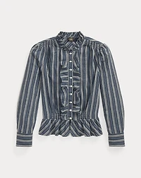 Ruffle-Trim Striped Cotton Blouse