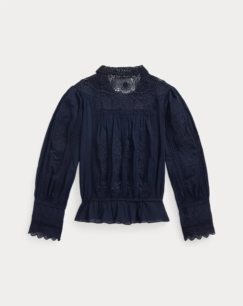 Embroidered Cotton Voile & Lace Blouse