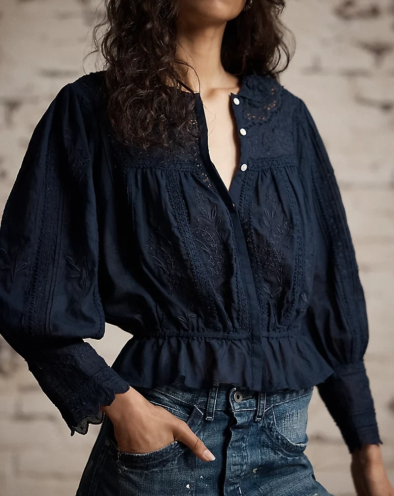 Embroidered Cotton Voile & Lace Blouse