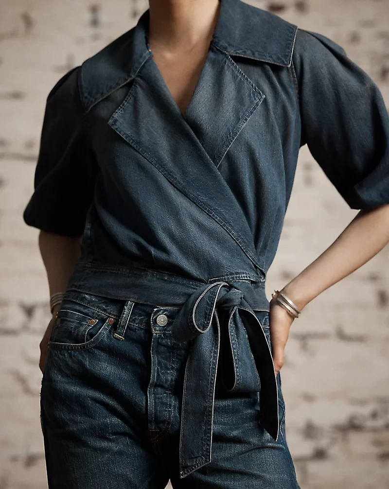 Indigo Denim Wrap Blouse