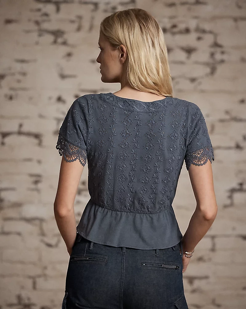 Embroidered Cotton-Linen Jersey Top
