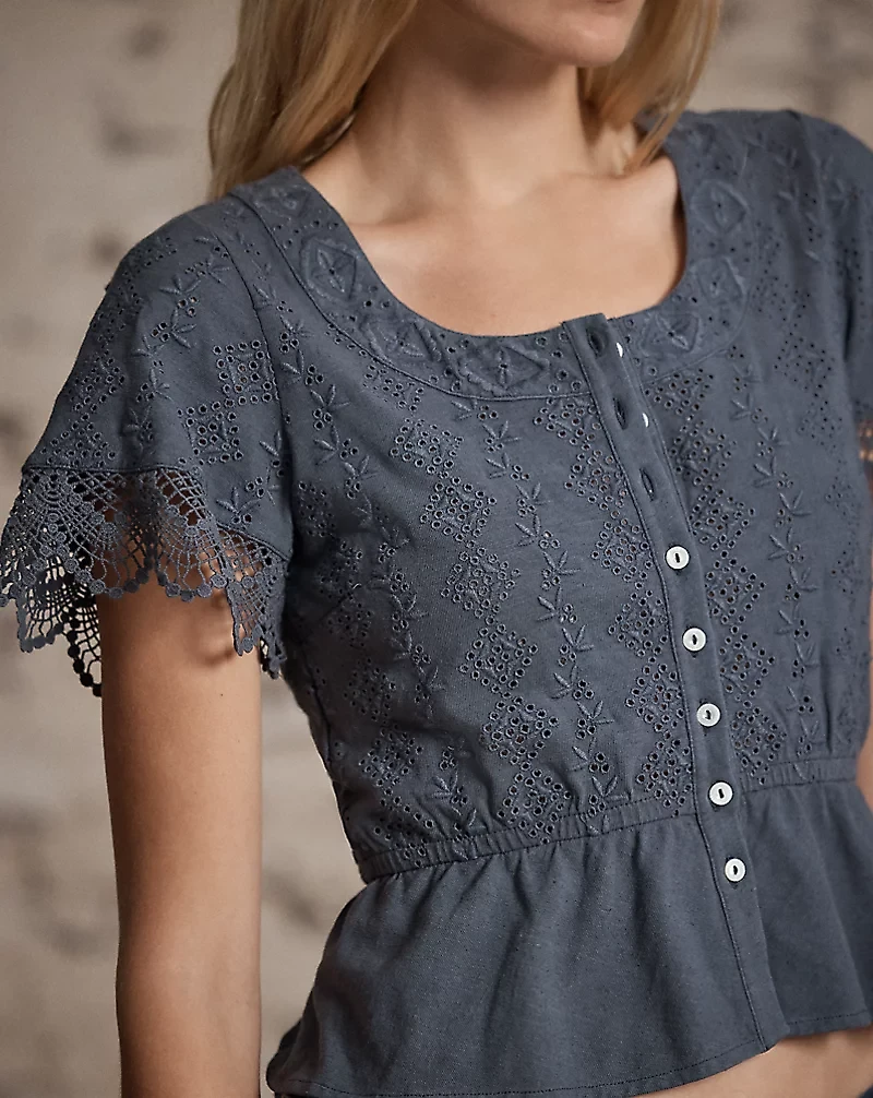Embroidered Cotton-Linen Jersey Top