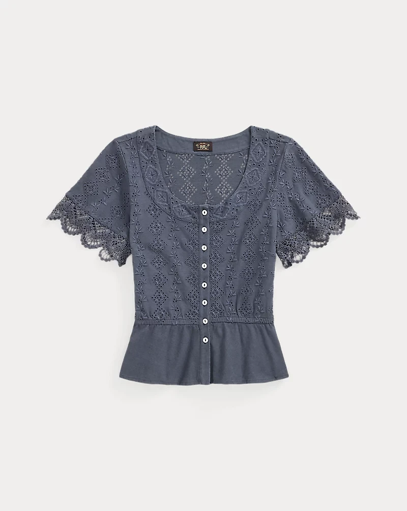 Embroidered Cotton-Linen Jersey Top