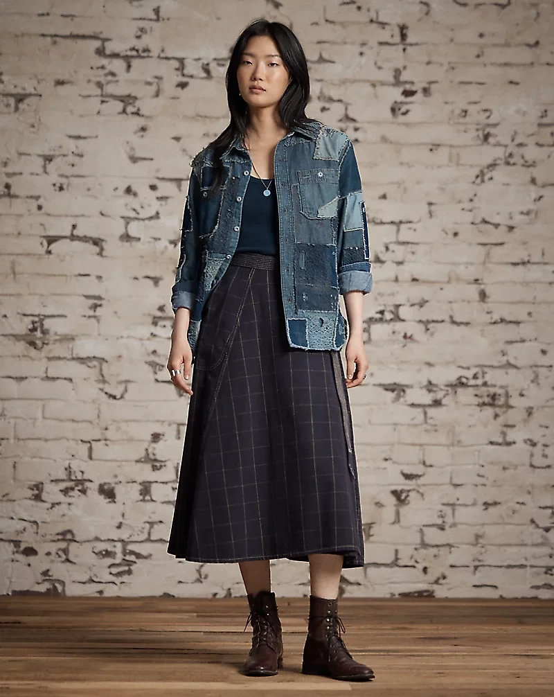 Indigo Windowpane Linen Wrap Skirt