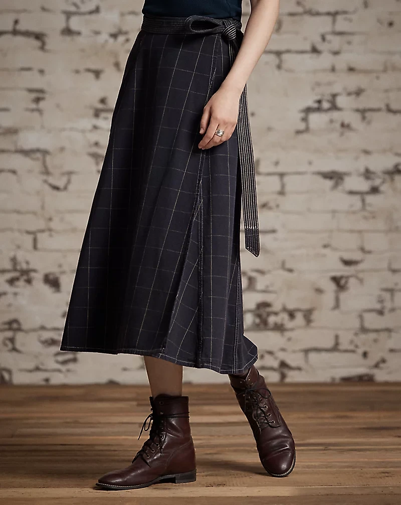 Indigo Windowpane Linen Wrap Skirt