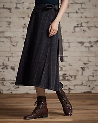 Indigo Windowpane Linen Wrap Skirt