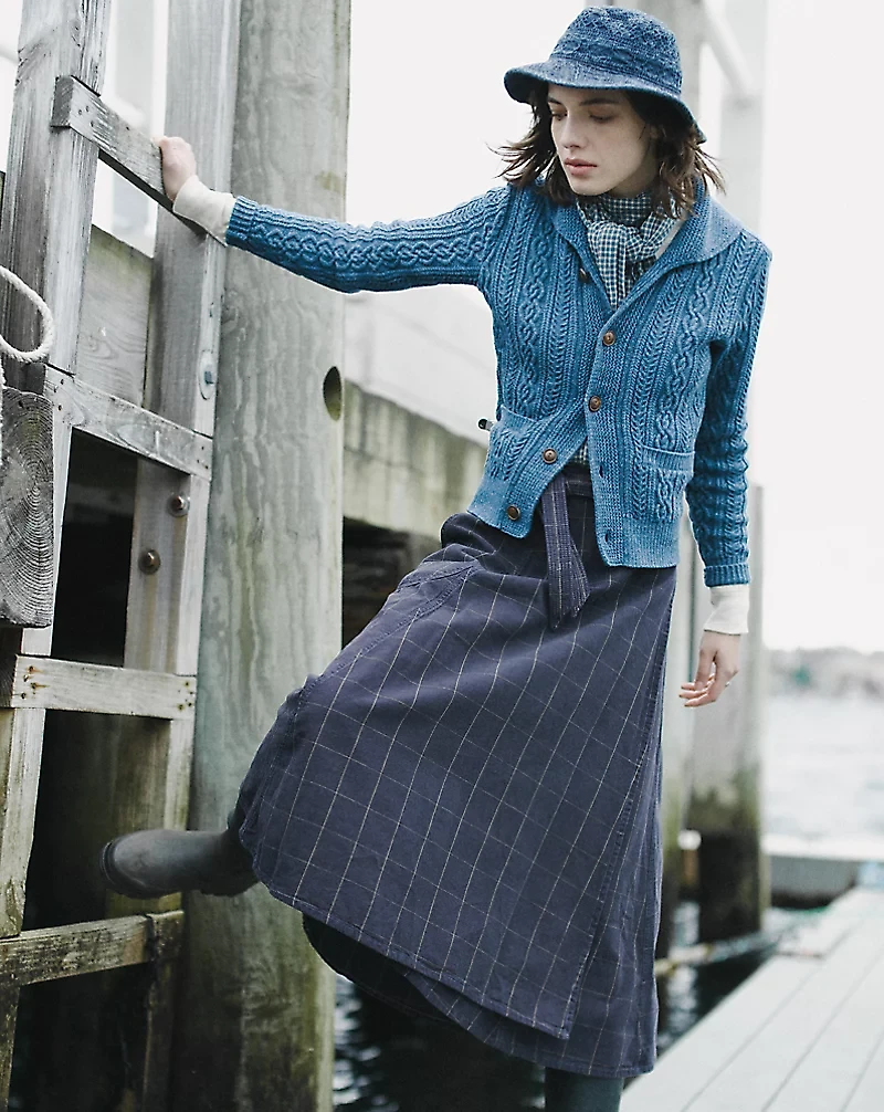 Indigo Windowpane Linen Wrap Skirt
