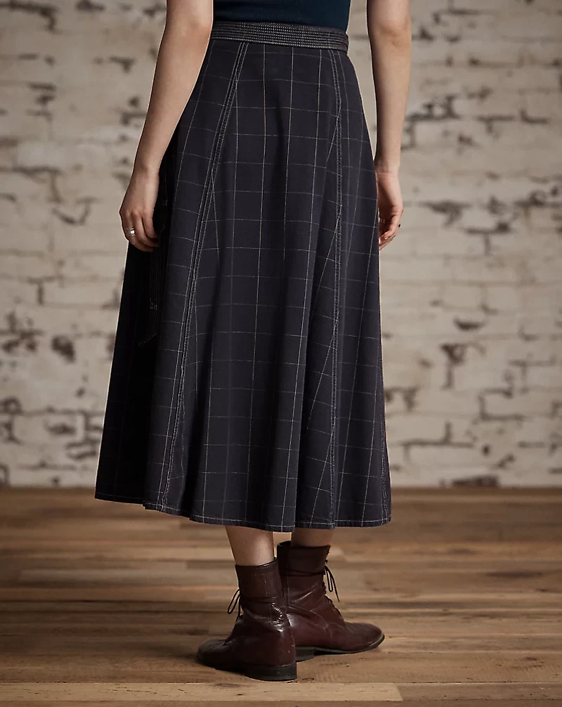 Indigo Windowpane Linen Wrap Skirt