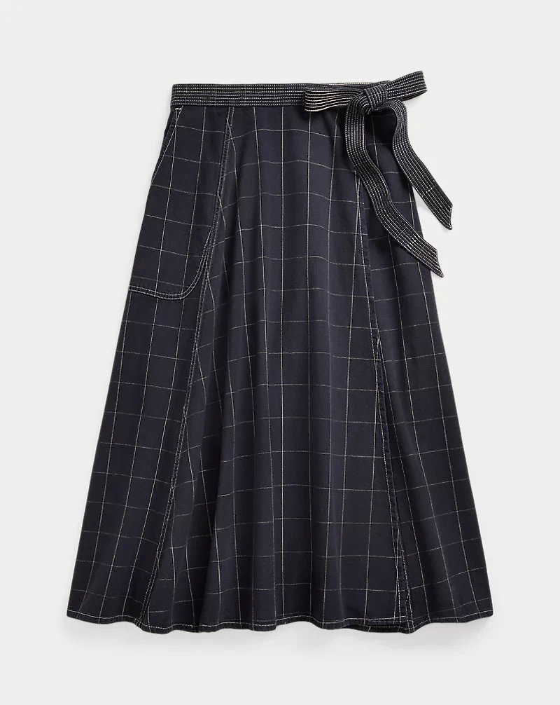 Indigo Windowpane Linen Wrap Skirt