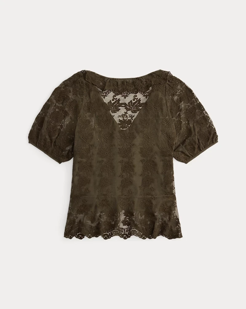 Ruffle-Trim Embroidered Lace Blouse