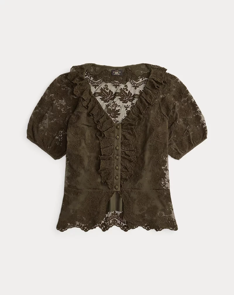 Ruffle-Trim Embroidered Lace Blouse