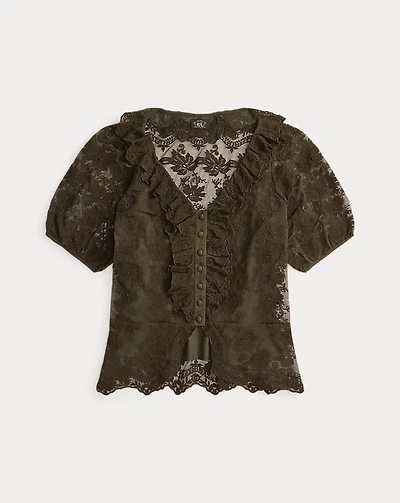 Ruffle-Trim Embroidered Lace Blouse