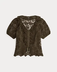 Ruffle-Trim Embroidered Lace Blouse