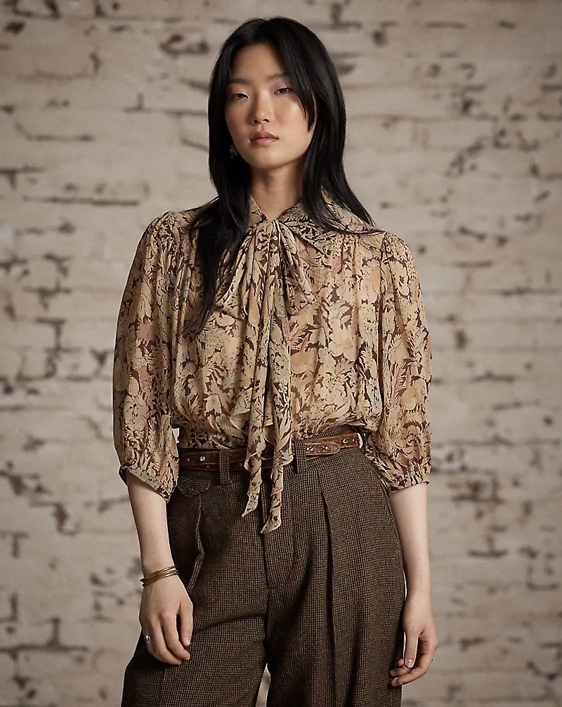 Floral-Print Crinkled Silk Blouse