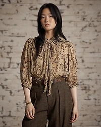 Floral-Print Crinkled Silk Blouse