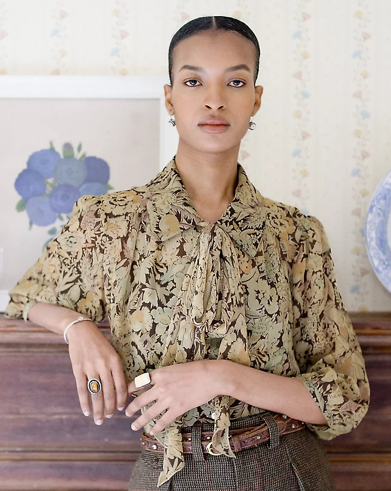 Floral-Print Crinkled Silk Blouse