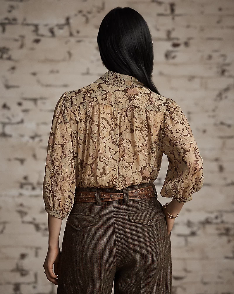 Floral-Print Crinkled Silk Blouse