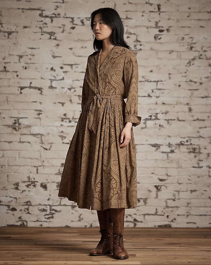 Belted Paisley-Print Corduroy Dress