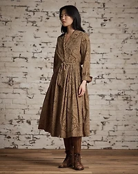 Belted Paisley-Print Corduroy Dress