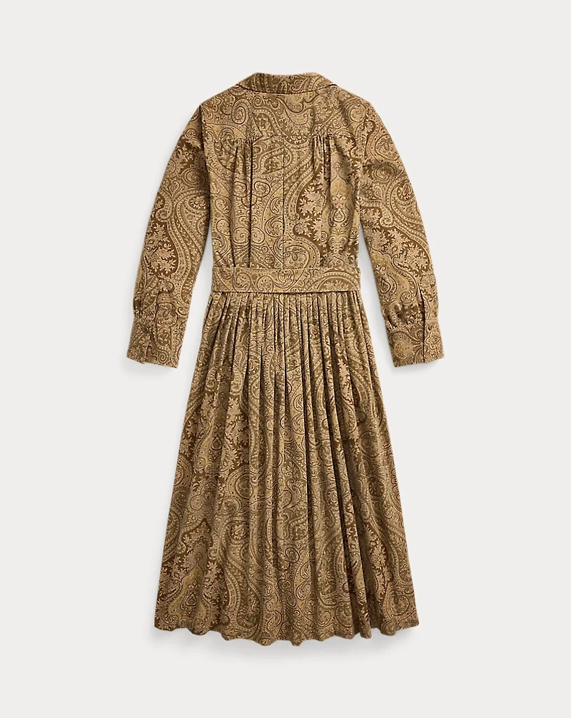 Belted Paisley-Print Corduroy Dress