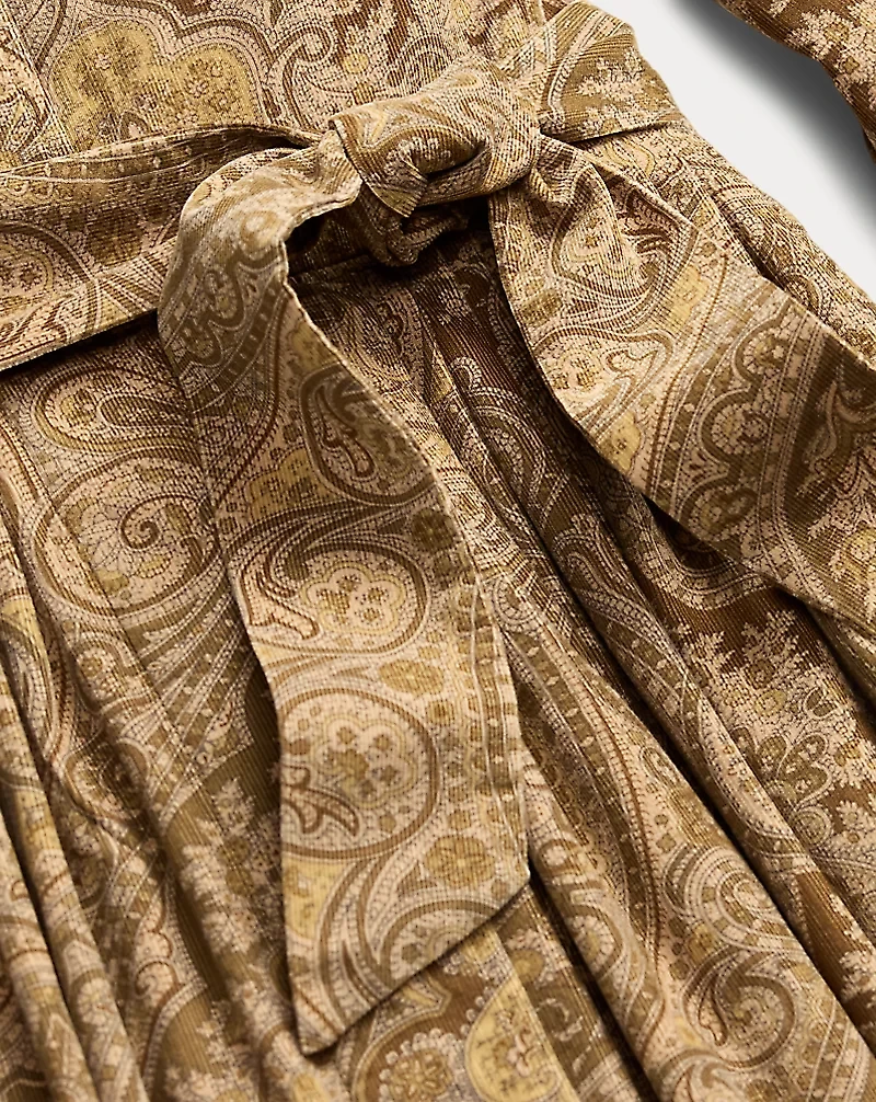 Belted Paisley-Print Corduroy Dress