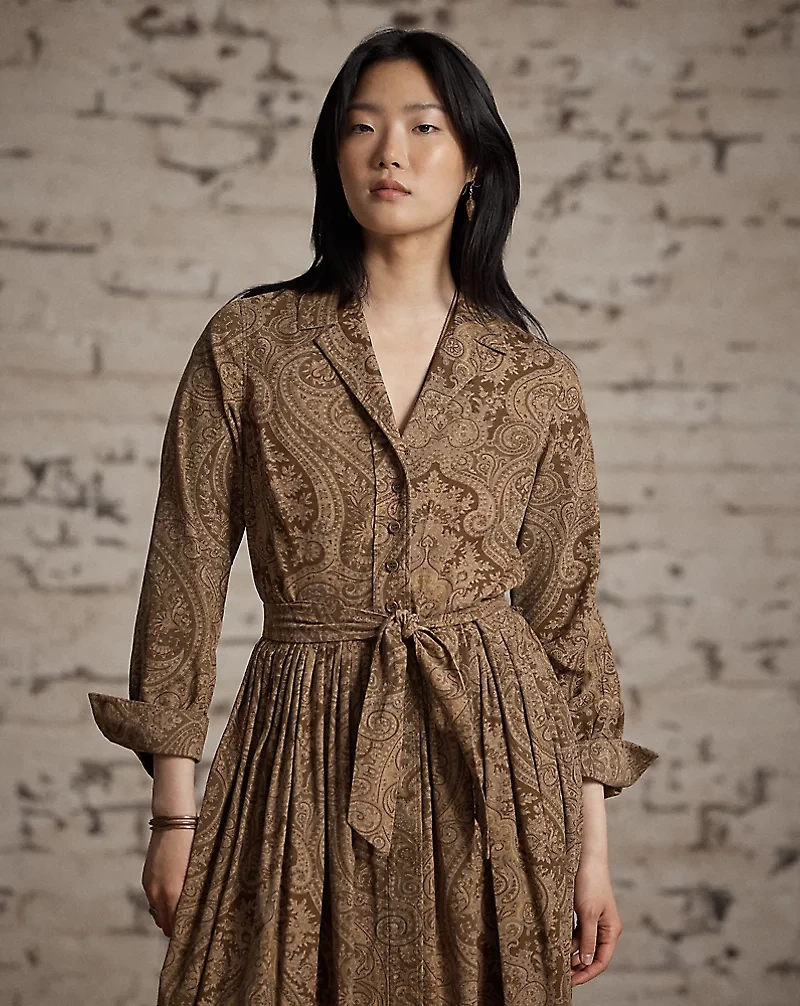 Belted Paisley-Print Corduroy Dress